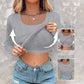 📢60%  OFF !! ⏰Neck Built-in Bra Long Sleeve Ribbed Top Shirts Elegant Skinny Fit Fabric