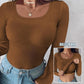 📢60%  OFF !! ⏰Neck Built-in Bra Long Sleeve Ribbed Top Shirts Elegant Skinny Fit Fabric