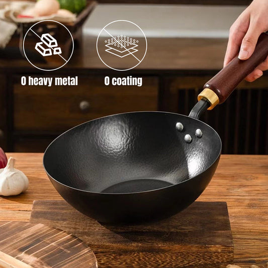 Wok en fonte martelée fait à la main avec couvercl