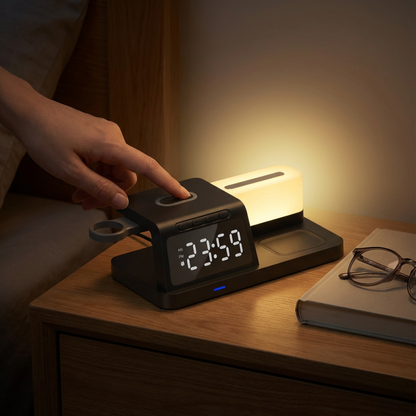 Station de recharge sans fil 5 en 1 avec horloge et veilleuse
