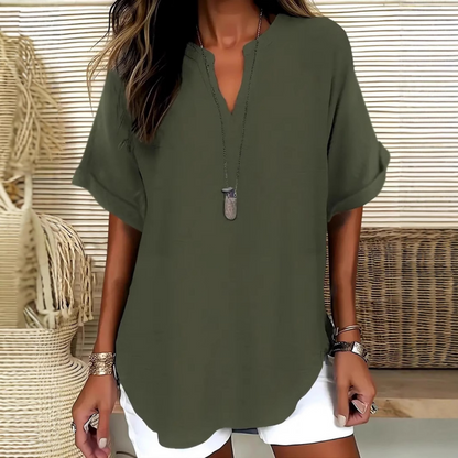 💎 50% DE RÉDUCTION ! 💎 Haut Ample à Manches Courtes & Col en V – Tissu Léger, Ourlet Asymétrique, 5 Couleurs (S–2XL) 👚🌿
